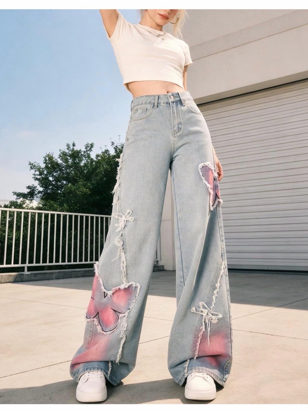 High-Rise Wide Leg Jeans with Pink Butterfly Accents